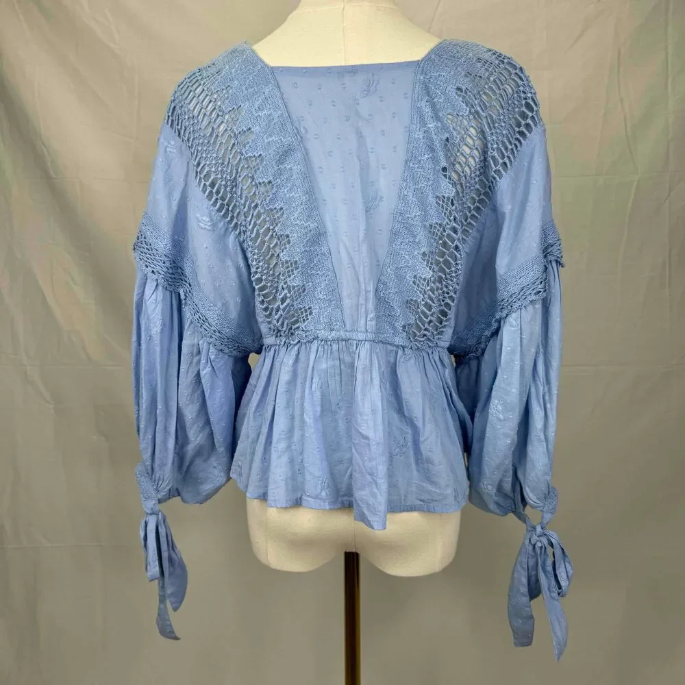 Free People Drive You Mad Blouse Blue Crochet Puff Sleeve Southern Bell Western
